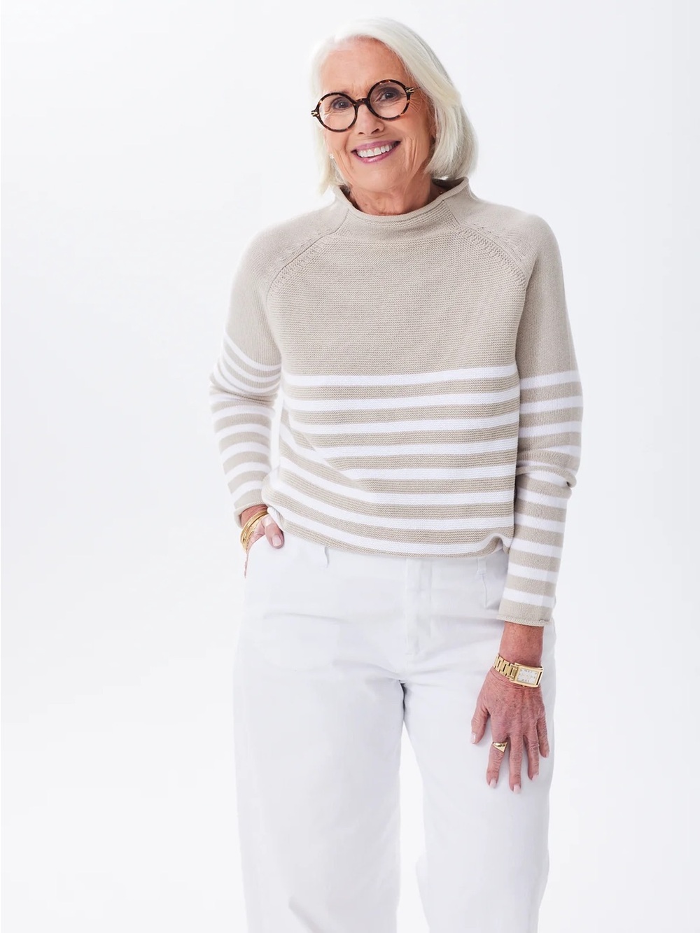 NWOT Alice Walk Striped Mockneck Sweater in Oatmeal and White, M